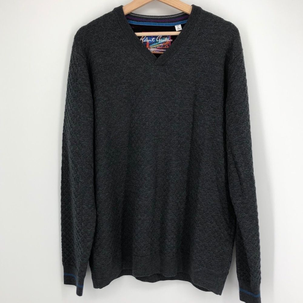 Robert Graham Sweater Mens Large Gray Wool Pullover‎ V Neck Jacquard